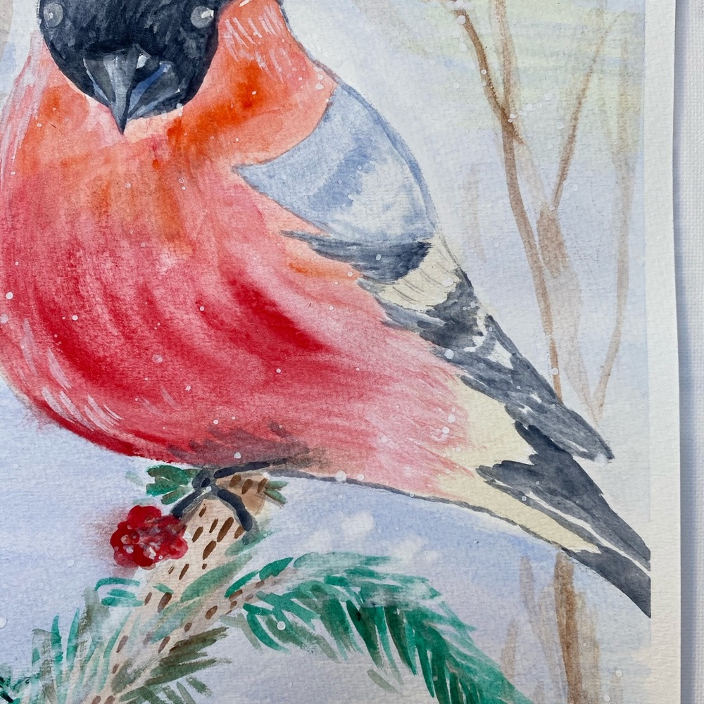 bullfinch panting Trees in winter watercolor 12x9” - Picture 10 of 10